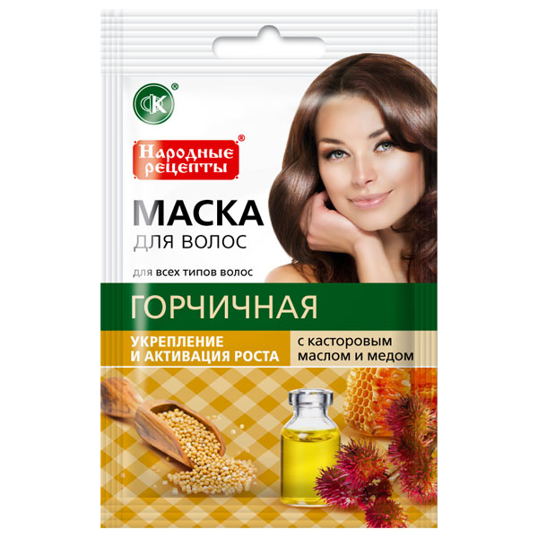 Народные рецепты Маска для всех типов волос Горчичная с касторовым маслом и медом 30мл