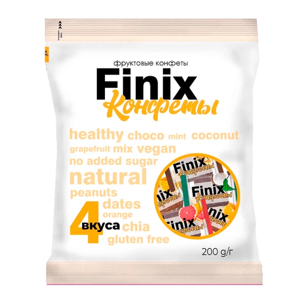Конфеты фруктовые Finix 4 вкуса кокос мята+ шок. арах.+апельс. арах.+грейпф. чиа 200г