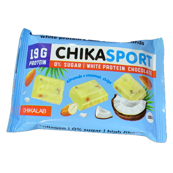 Шоколад Chikalab Chikasport белый с миндалем и кокос. чипсами с протеином б/сах. 100г