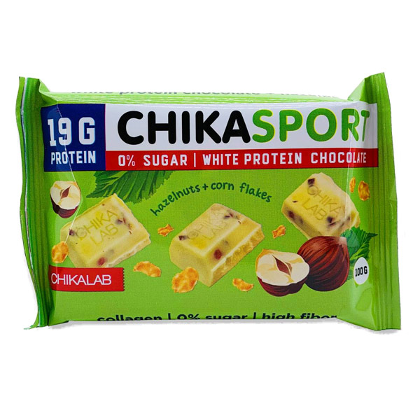 Шоколад Chikalab Chikasport белый с фундуком и кукурузн. чипсами с протеином б/сах. 100г