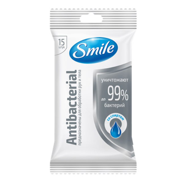 Салфетки влажные Smile Antibacterial для рук и тела со спиртом №15
