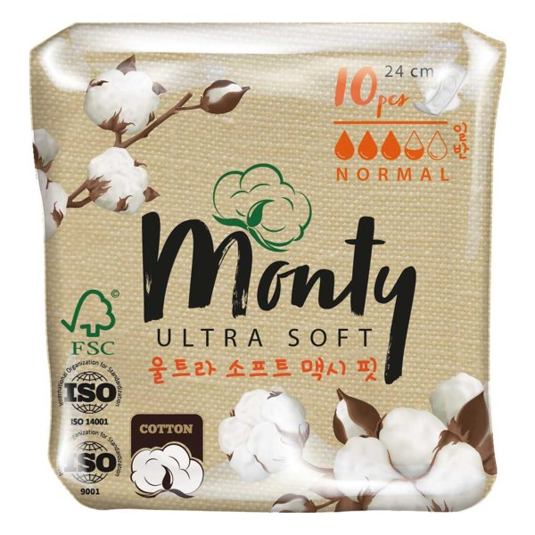 Прокладки Monty ultra soft нормал плюс (24см) с крылышками №10